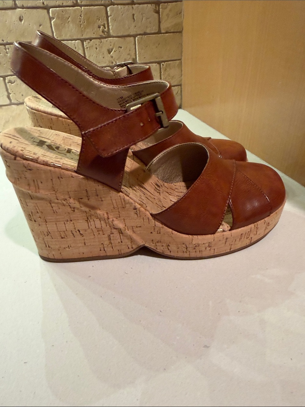 Kork-Ease Cognac Leather Cork Wedge Sandals - Picture 4 of 6